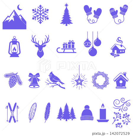 Christmas and winter holiday icon set featuring festive items for seasonal greetings and digital art projects 142072529