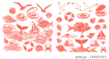 Coastal nautical collection featuring seashells sailboats ocean waves fish and lifebuoys for maritime theme projects Coastal nautical collection featuring seashells sailboats ocean waves fish and lifebuoys for maritime theme projects 142072553