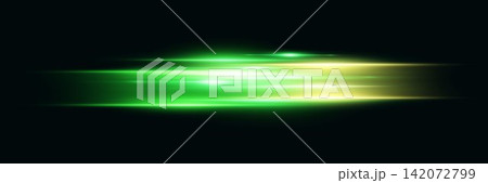 Abstract green and yellow light streaks moving horizontally across a dark background 142072799