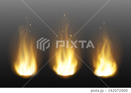 Three glowing fire flames creating heat and light, with flying embers on a transparent background Three glowing fire flames creating heat and light, with flying embers on a transparent background 142072800