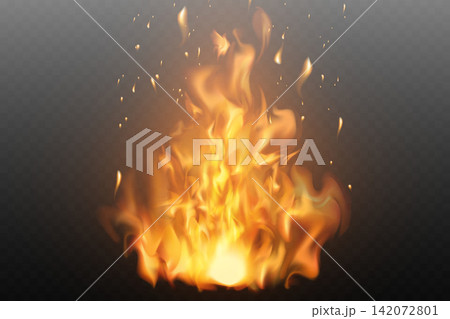Burning fire showing dynamic hot flame element and glowing particles on transparent background Burning fire showing dynamic hot flame element and glowing particles on transparent background 142072801