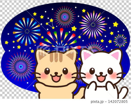 煙火表演和貓咪插畫素材 煙火表演和貓咪插畫素材 142072805