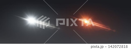Two isolated lens flares with white and orange light generating glowing starbursts and streaks 142072818