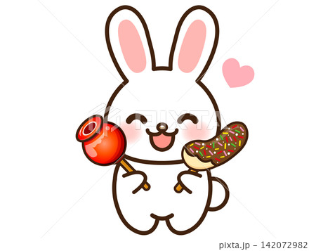 りんご飴とチョコバナナを食べる兎のイラスト素材2 りんご飴とチョコバナナを食べる兎のイラスト素材2 142072982