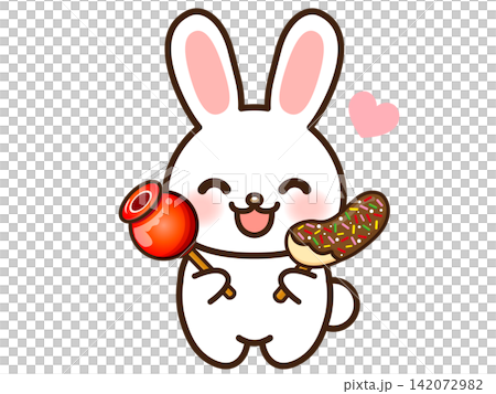 りんご飴とチョコバナナを食べる兎のイラスト素材2 りんご飴とチョコバナナを食べる兎のイラスト素材2 142072982