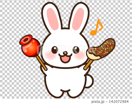 Illustration of a rabbit eating a candy apple and a chocolate-covered banana (4) Illustration of a rabbit eating a candy apple and a chocolate-covered banana (4) 142072984