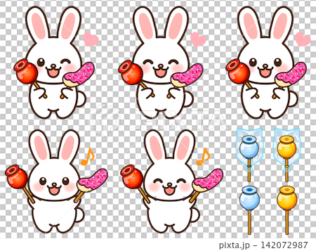 Illustration set 2 of a rabbit eating a candy apple and a chocolate-covered banana. Illustration set 2 of a rabbit eating a candy apple and a chocolate-covered banana. 142072987