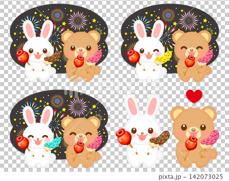 Illustration set of 4 featuring a rabbit and a bear enjoying a fireworks display. Illustration set of 4 featuring a rabbit and a bear enjoying a fireworks display. 142073025