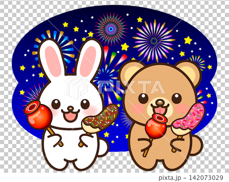 Illustration of a rabbit and a bear enjoying a fireworks display Illustration of a rabbit and a bear enjoying a fireworks display 142073029