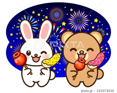 花火大会を楽しむ兎と熊のイラスト素材2 142073030