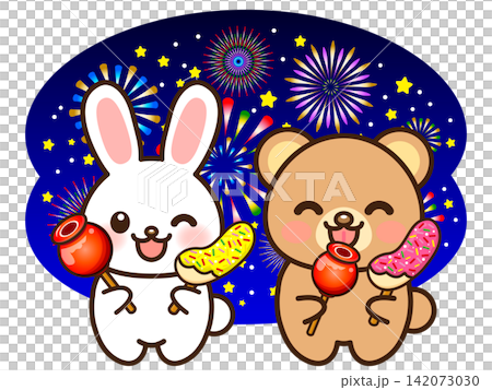 Illustration of a rabbit and a bear enjoying a fireworks display (2) Illustration of a rabbit and a bear enjoying a fireworks display (2) 142073030