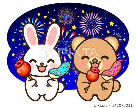 花火大会を楽しむ兎と熊のイラスト素材3 142073031