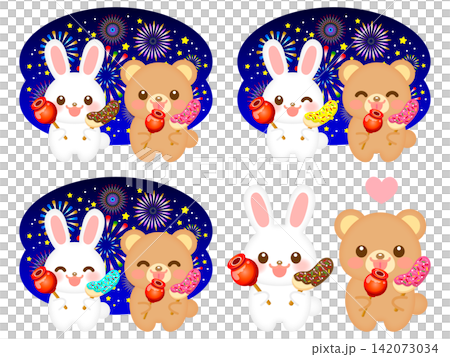 Illustration set 3 of rabbits and bears enjoying a fireworks display. Illustration set 3 of rabbits and bears enjoying a fireworks display. 142073034