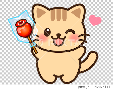 Illustration of a cat eating a candy apple Illustration of a cat eating a candy apple 142073141