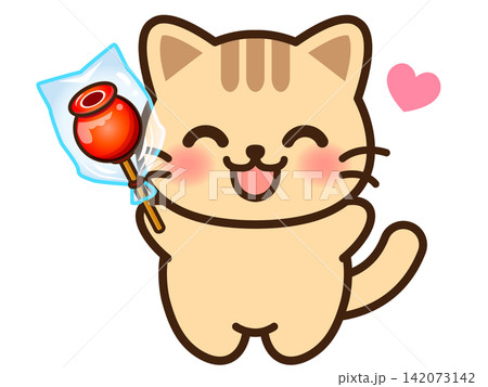 りんご飴を食べる猫のイラスト素材2 142073142