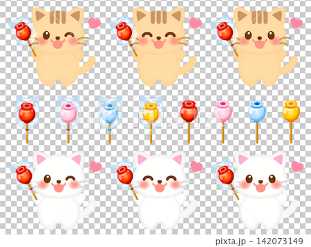 Set of 4 illustrations of a cat eating a candy apple Set of 4 illustrations of a cat eating a candy apple 142073149