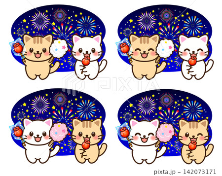 祭りを楽しむ猫のイラスト素材セット2 祭りを楽しむ猫のイラスト素材セット2 142073171