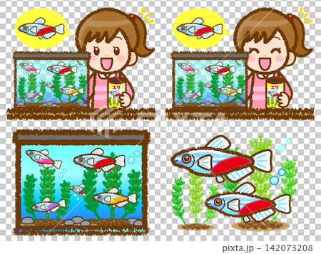 一組描繪女孩飼養霓虹燈魚的插圖。 一組描繪女孩飼養霓虹燈魚的插圖。 142073208