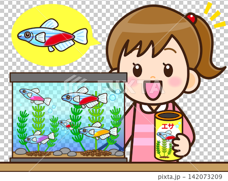 Illustration of a girl raising neon tetras (4) Illustration of a girl raising neon tetras (4) 142073209