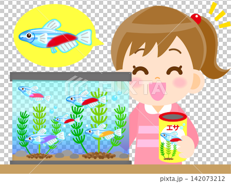 一幅女孩飼養霓虹燈魚的插圖 一幅女孩飼養霓虹燈魚的插圖 142073212