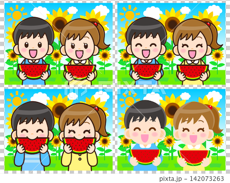 Illustration set of 5: Men and women eating watermelon Illustration set of 5: Men and women eating watermelon 142073263