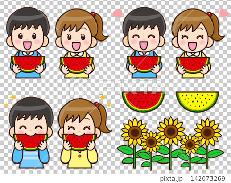 一組描繪一男一女吃西瓜的插圖。 一組描繪一男一女吃西瓜的插圖。 142073269