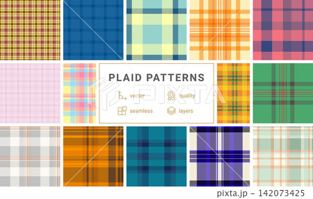 Plaid collection built for advertising layouts. Childrens tartan textures enhance fashion campaigns. Vector structure keeps layouts clean. 142073425