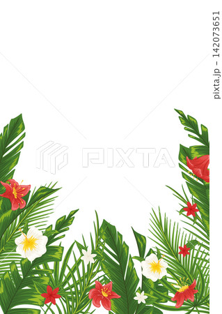 Tropical vertical frame with palm leaves and flowers. Party invitation, sale poster, banner. Hand drawn illustration with a text place. Elements are not cropped Tropical vertical frame with palm leaves and flowers. Party invitation, sale poster, banner. Hand drawn illustration with a text place. Elements are not cropped 142073651