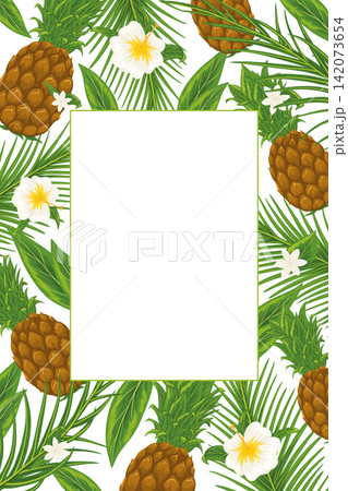 Tropical vertical frame with palm leaves, fruits and flowers. Party invitation, sale poster, banner. Hand drawn illustration with a text place. Elements are not cropped, hidden under a clipping mask 142073654