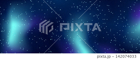 Navy winter sky with snowy dots and vertical turquoise aurora waves. Cyan light curves through the navy winter nightscape as a glow. Starry vector background for poster design or promo presentation Navy winter sky with snowy dots and vertical turquoise aurora waves. Cyan light curves through the navy winter nightscape as a glow. Starry vector background for poster design or promo presentation 142074033