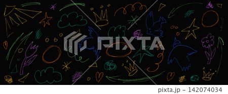 Naive crayon doodle set on black with colorful chalk and crown elements. Childish naive scribble with crayon arrows and hearts for kids print. Vector bird and cloud icons in colorful pen ink art 142074034