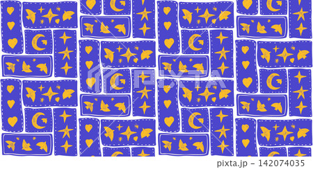 Geometric patchwork seamless pattern with stitch borders holds bird and moon on night blue. Bird shapes with crescent in geometric frame as a vector pattern print. Dove and asterisk in crayon on sky 142074035