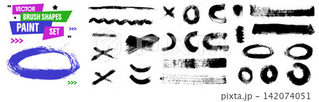 Paint brush set with black arcs and rough abstract marks. Textured paint strokes form crosses and circles on white. Hand drawn vector brush elements for advertising layout or presentation slide Paint brush set with black arcs and rough abstract marks. Textured paint strokes form crosses and circles on white. Hand drawn vector brush elements for advertising layout or presentation slide 142074051