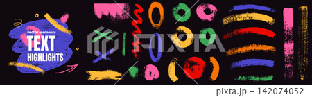 Brush underline set with text marks and rough curves. Painted brush shapes include circles and cross strokes on black. Playful vector highlighting elements for advertising layout or poster design Brush underline set with text marks and rough curves. Painted brush shapes include circles and cross strokes on black. Playful vector highlighting elements for advertising layout or poster design 142074052