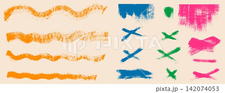 Underline brush set with rough marks and wavy lines. Textured underlining includes orange curves and blue green crosses on beige. Playful vector brush elements for advertising layout or poster design 142074053