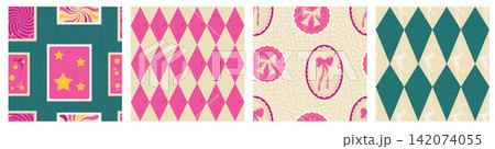 Coquette pattern quartet with whimsical circus repeats. Pink teal coquette artwork combines argyle postage and harlequin details. Distressed vector pattern collection for wallpaper or textile print Coquette pattern quartet with whimsical circus repeats. Pink teal coquette artwork combines argyle postage and harlequin details. Distressed vector pattern collection for wallpaper or textile print 142074055