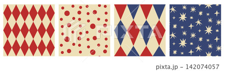 Circus carnival strip with four coordinated seamless pattern. Red navy circus artwork mixes argyle polkadot and twinkle motifs. Distressed vector carnival set for wall covering or textile yardage Circus carnival strip with four coordinated seamless pattern. Red navy circus artwork mixes argyle polkadot and twinkle motifs. Distressed vector carnival set for wall covering or textile yardage 142074057