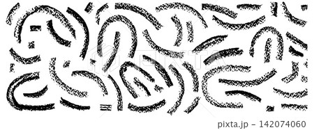 Brush charcoal set of arched pencil doodles and looping curves. Grainy brush marks form semicircles on white. Charcoal vector elements create a collection for advertising layout or poster design 142074060