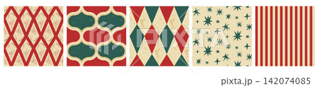 Carnival seamless pattern strip with five circus repeats. Red navy Christmas artwork combines argyle harlequin and twinkle motifs. Aged vector seamless collection for fabric print or wallpaper bg Carnival seamless pattern strip with five circus repeats. Red navy Christmas artwork combines argyle harlequin and twinkle motifs. Aged vector seamless collection for fabric print or wallpaper bg 142074085