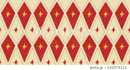 Seamless pattern argyle shows red cream and gold diamond bands with small gleams. Harlequin and twinkle shape the ornament in even rhythm. Tileable vector argyle for room wallpaper or garment textile Seamless pattern argyle shows red cream and gold diamond bands with small gleams. Harlequin and twinkle shape the ornament in even rhythm. Tileable vector argyle for room wallpaper or garment textile 142074112