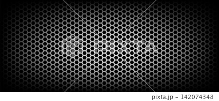 Fiber honeycomb frame with carbon hexagon on black for tech banner. Shadow gradient darkens edges with chrome hex grill in the center. Dark honeycomb vector with frame for futuristic panel design Fiber honeycomb frame with carbon hexagon on black for tech banner. Shadow gradient darkens edges with chrome hex grill in the center. Dark honeycomb vector with frame for futuristic panel design 142074348