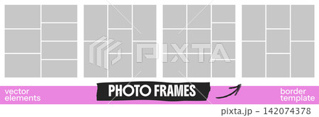Layout gallery set with seven photo grids and frames. Gray rectangles combine square and vertical picture areas in each gallery. Vector layout collection for presentation slide or collage design Layout gallery set with seven photo grids and frames. Gray rectangles combine square and vertical picture areas in each gallery. Vector layout collection for presentation slide or collage design 142074378