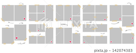 Layout gallery set with taped photo grids and heart sticker. Gray rectangles form varied gallery frames with hand drawn arrows. Decorative vector layout for sticker sheet or scrapbook design or promo 142074383