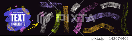 Roller line set of curved arcs and rough color patches. Vibrant line marks glow in purple yellow green and white on black. Textured vector elements for text box patch highlights or social media post Roller line set of curved arcs and rough color patches. Vibrant line marks glow in purple yellow green and white on black. Textured vector elements for text box patch highlights or social media post 142074403