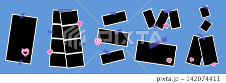 Collage paper set with six snapshot frame layouts. Blue background and purple tape with hearts sticker and blank photos. Vector collage paper for social media or stationery design or memory album bg Collage paper set with six snapshot frame layouts. Blue background and purple tape with hearts sticker and blank photos. Vector collage paper for social media or stationery design or memory album bg 142074411