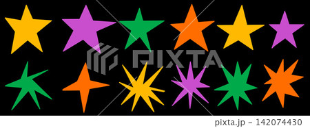 Vibrant star set of flat silhouettes with classic five point forms and angular spark bursts. Yellow purple green and orange shapes glow on black. Bold vector star set for notebook cover design 142074430