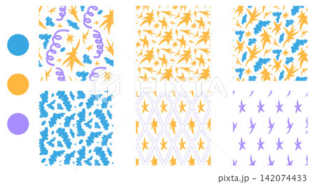 Seamless patterns of pastel crayon star shapes tossed across a repeat for kid stationery. Scribbled stars and tiny sparks in a gentle collection. Hand drawn vector pattern for childish birthday party Seamless patterns of pastel crayon star shapes tossed across a repeat for kid stationery. Scribbled stars and tiny sparks in a gentle collection. Hand drawn vector pattern for childish birthday party 142074433