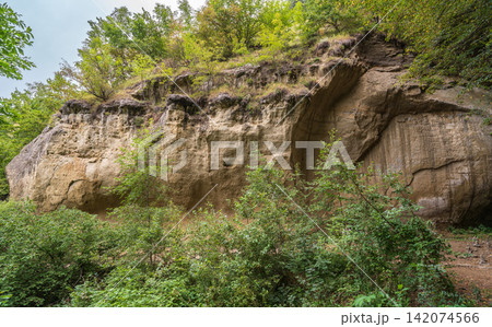 View of the cliffs and grottoes in Kislovodsk. Majestic rocky cliffs and towering trees against blue sky. View of the rocks in Kislovodsk, Russia. 142074566