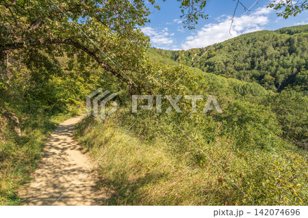 Curve road to the mountains. Scenic dirt road with mountain range. Curve road to the mountains. Scenic dirt road with mountain range. 142074696