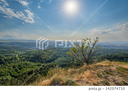 View of the mountains and Kislovodsk from the observation decks of the Kislovodsk Park. Evening sunset over the mountains of Kislovodsk. View of the mountains and Kislovodsk from the observation decks of the Kislovodsk Park. Evening sunset over the mountains of Kislovodsk. 142074710
